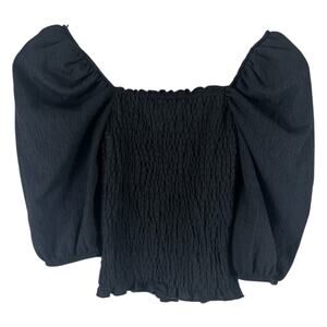 H&M Black Smocked Puff Sleeve Blouse